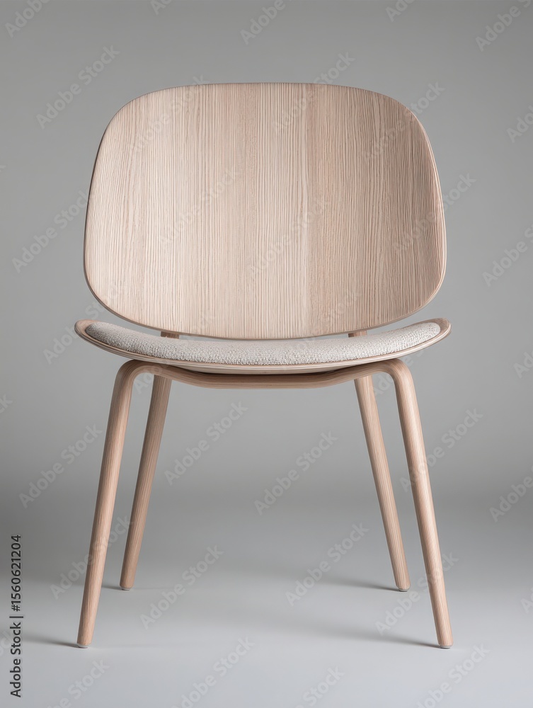 A modern wooden chair showcases a sleek design featuring a gently curved backrest and a comfortable seat. Its light finish and clean lines emphasize simplicity and style in contemporary furniture.