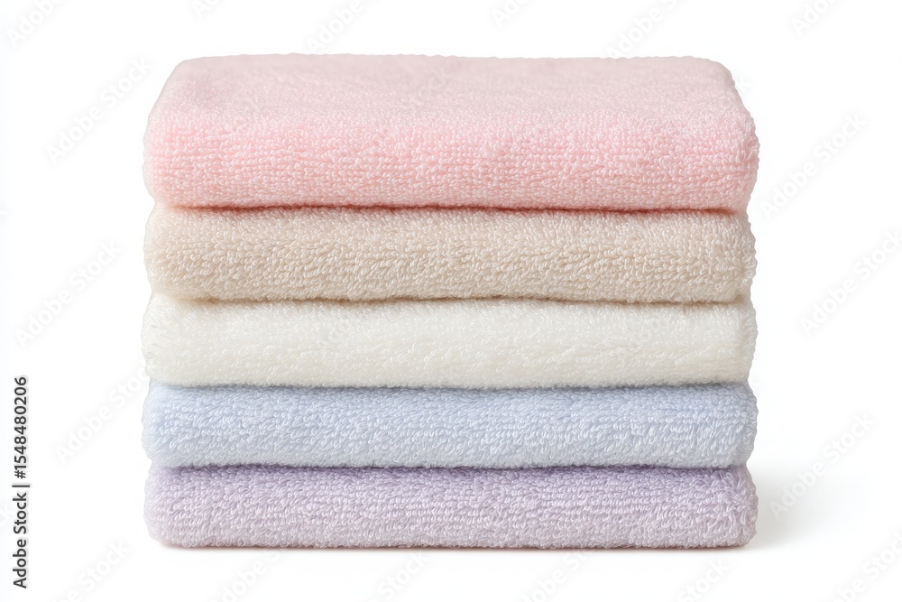 A neatly folded stack of five towels in soft pastel colors, including pink, beige, white, light blue, and lavender. Ideal for use in a bathroom, spa, or as a decorative touch in a home.