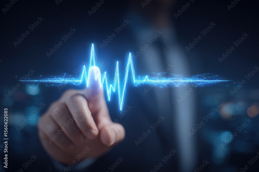 A person wearing a formal suit interacts with a glowing heart rate line in a dark setting. The high-tech display symbolizes health monitoring and data analysis in a modern urban environment.