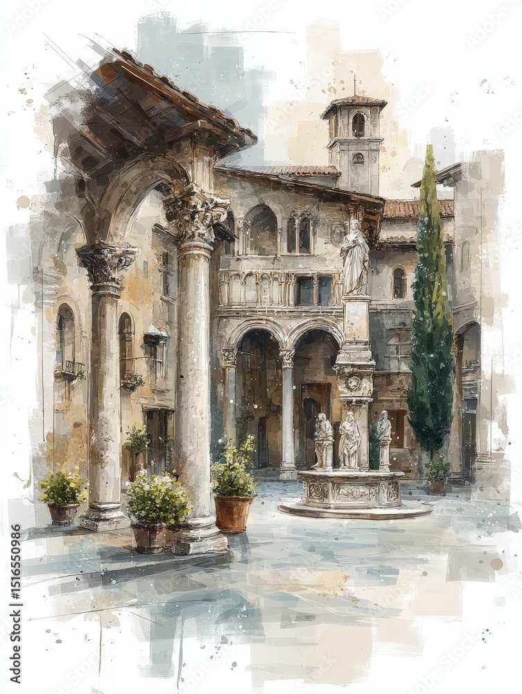 A picturesque courtyard features elegant columns and a central fountain adorned with statues. Lush greenery adds vibrancy to the serene atmosphere of an ancient town square.