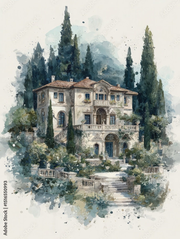 A picturesque villa stands elegantly with a grand staircase leading to its entrance. Surrounded by vibrant gardens and tall cypress trees, this serene location exudes tranquility and beauty.