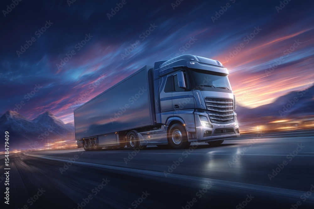 A powerful truck travels rapidly along a winding mountain highway during dusk, with colorful clouds illuminating the evening sky. The surrounding landscape features distant mountains.