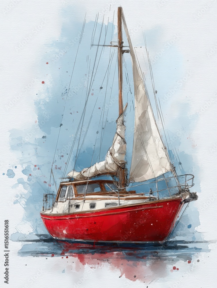 A red sailboat with its white sails unfurled floats gracefully on tranquil waters. The backdrop features a bright blue sky, perfect for a peaceful maritime adventure.
