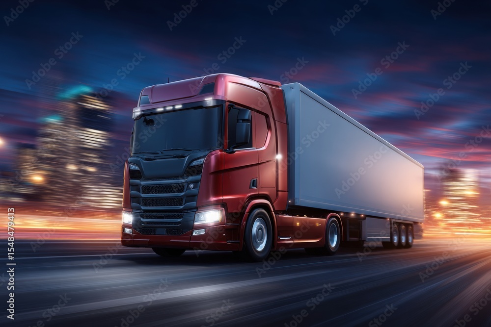 A red truck speeds along a city street at night, illuminated by the glow of nearby buildings and streetlights. The atmosphere captures a vibrant urban setting with dynamic movement.