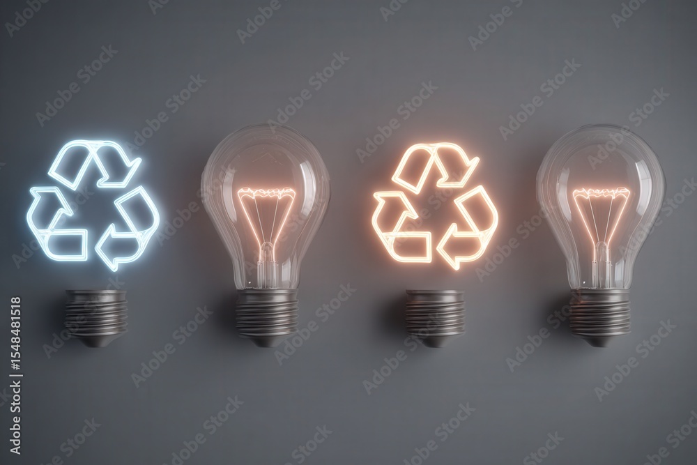 A row of light bulbs is displayed on a wall, each featuring a recycling symbol. The first bulb glows blue, the second is lit with a warm amber hue, and the last is dimmed.