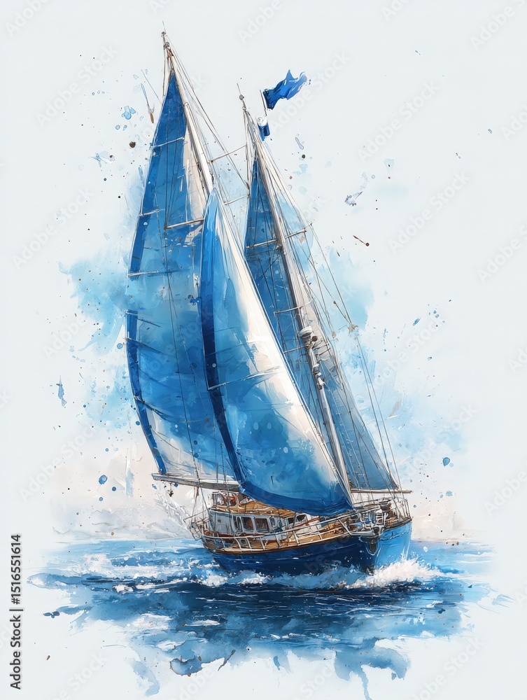 A sailboat with large blue sails cuts through calm waters under a sky filled with soft hues of sunset. The scene captures the essence of adventure and tranquility at sea.