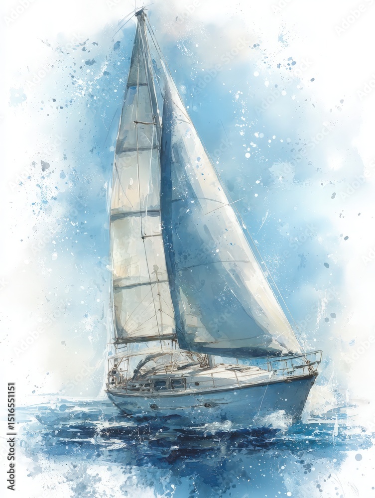 A sailboat with large white sails glides smoothly across serene blue waters. The sky is clear and bright, creating a peaceful atmosphere ideal for sailing.