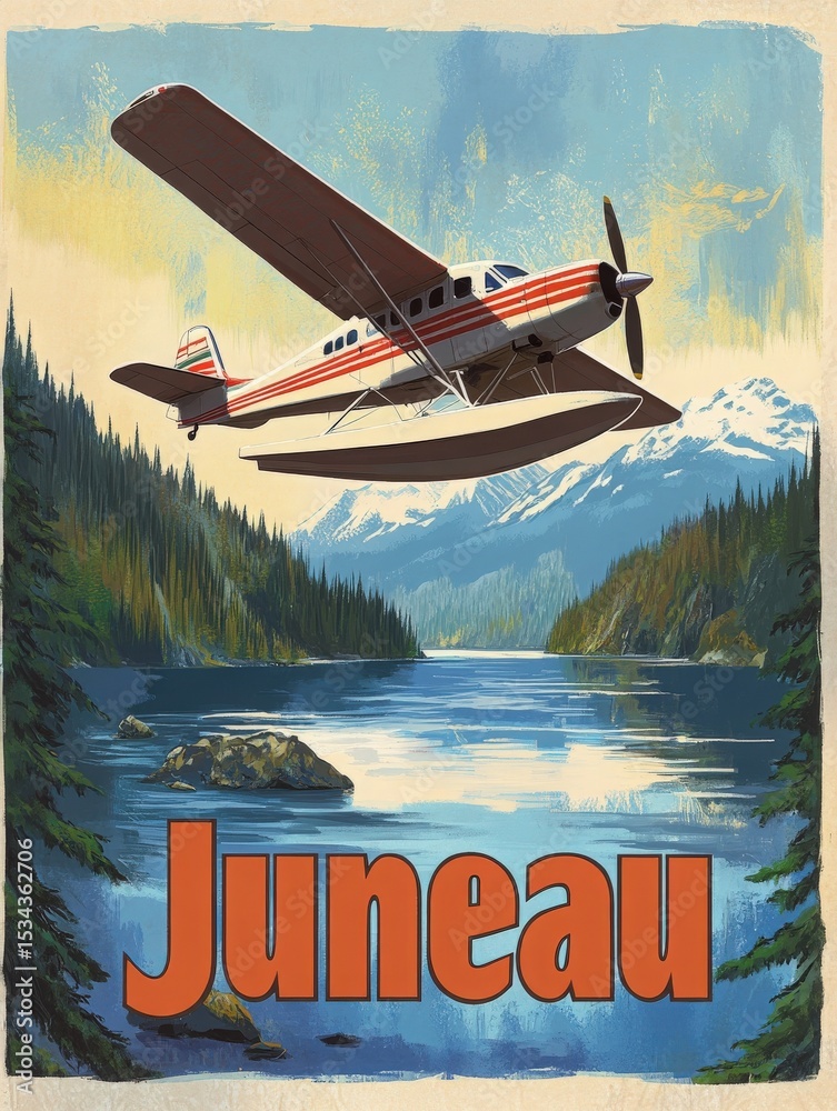 A seaplane flies over a serene lake surrounded by lush forests and snow-capped mountains in Juneau. The vibrant colors and retro style evoke a classic travel poster aesthetic.
