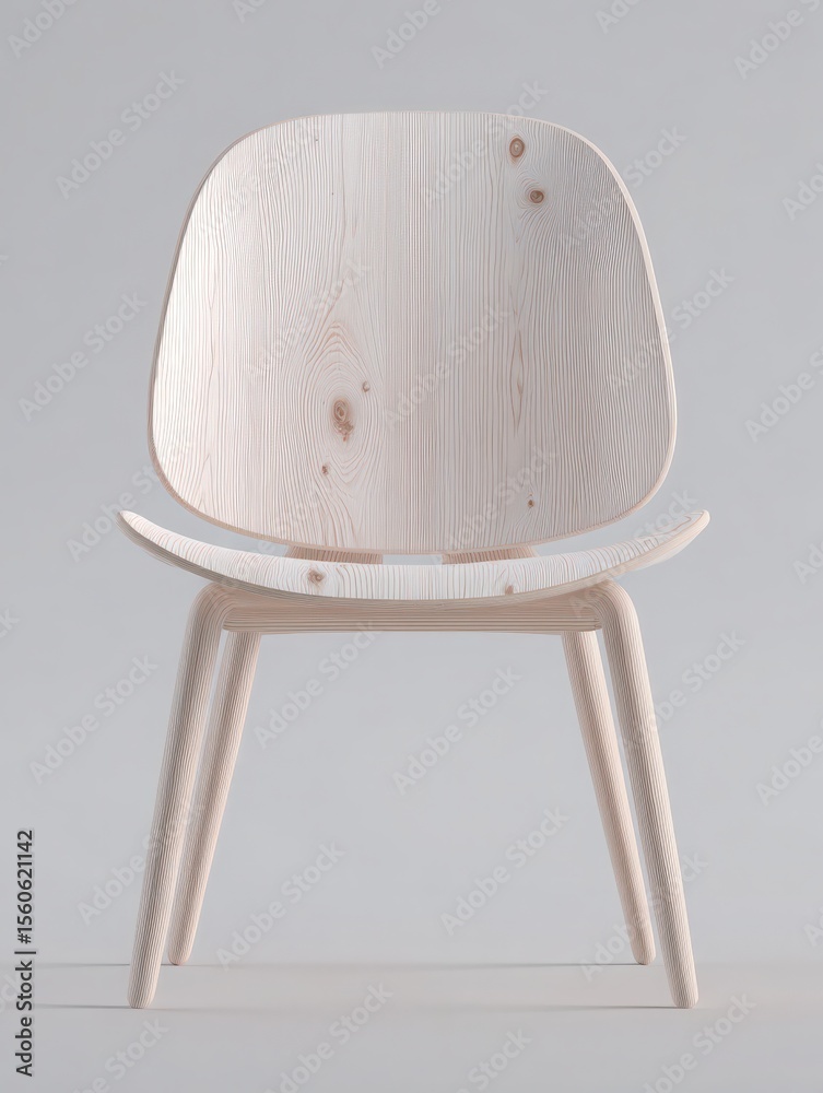 A simple yet elegant wooden chair showcases a smooth, pale finish and clean contours. The design emphasizes minimalism, making it a perfect addition to contemporary interiors.