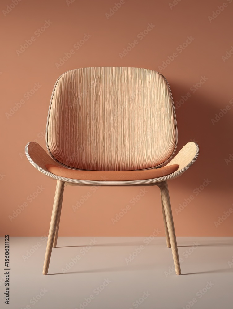 A sleek chair made of light wood stands against a warm terracotta wall. The minimalist design emphasizes clean lines, inviting comfort while enhancing the interior decor.