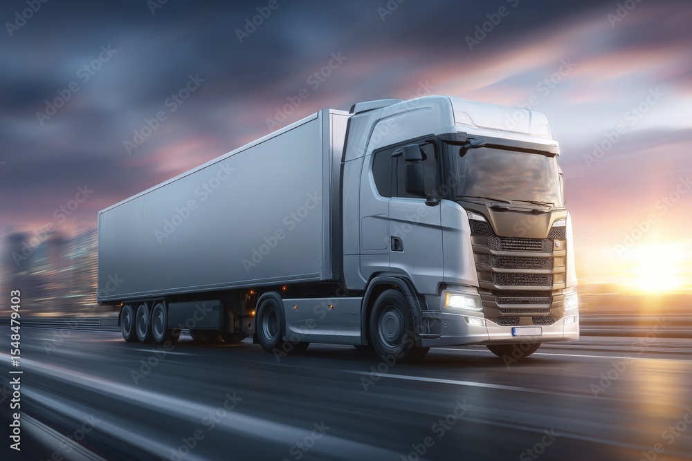 A sleek, modern truck travels along a highway at sunset, showcasing a gradient sky filled with vibrant colors. City buildings outline the horizon as the vehicle moves forward.