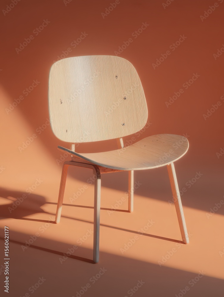 A sleek wooden chair featuring a minimalist design displays its natural finish under soft warm lighting, set against a rich orange background that enhances its elegant shape.