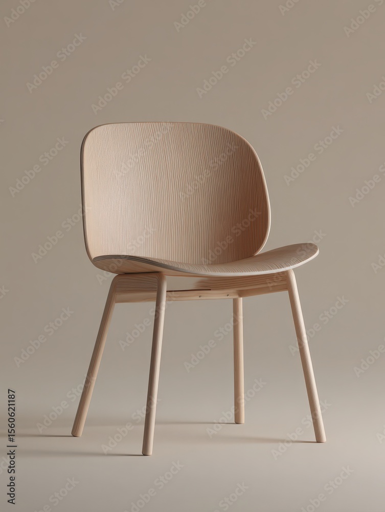 A sleek wooden chair stands alone in a minimalist space, featuring smooth curves and light wood tones. The design emphasizes simplicity and elegance, perfect for modern decor.