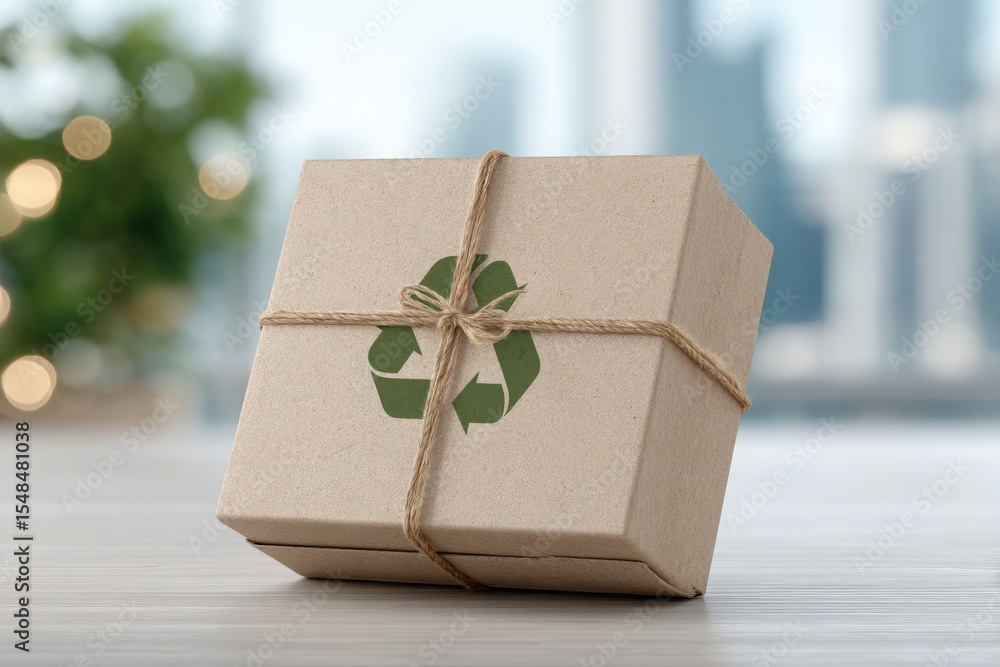 A small brown package tied with twine displays a green recycle symbol. It sits on a wooden table, with a blurred cityscape view and soft lights in the background, suggesting a cozy environment.