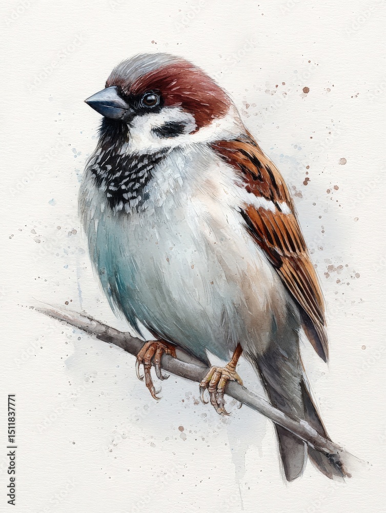 A small sparrow with a brown and white plumage sits gracefully on a thin branch. The artwork captures the birds delicate features and textures against a soft, abstract background.