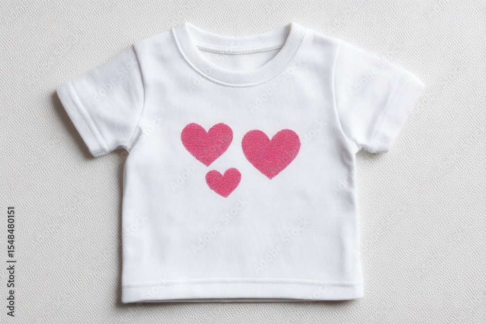 A small white t-shirt designed for toddlers features three pink heart shapes. The shirt is perfect for casual wear and adds a playful touch to childrens outfits.