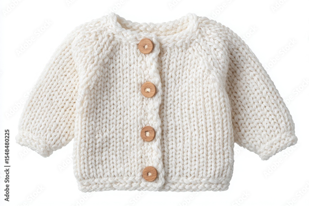 A soft and cozy white knitted baby sweater featuring a classic design with wooden buttons. Ideal for keeping little ones warm during chilly winter days.