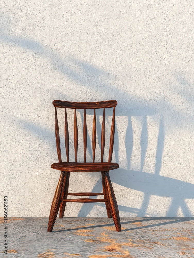 A solitary wooden chair with vertical slats stands against a light-colored textured wall. The afternoon sun casts a soft shadow on the ground, enhancing the ambiance.