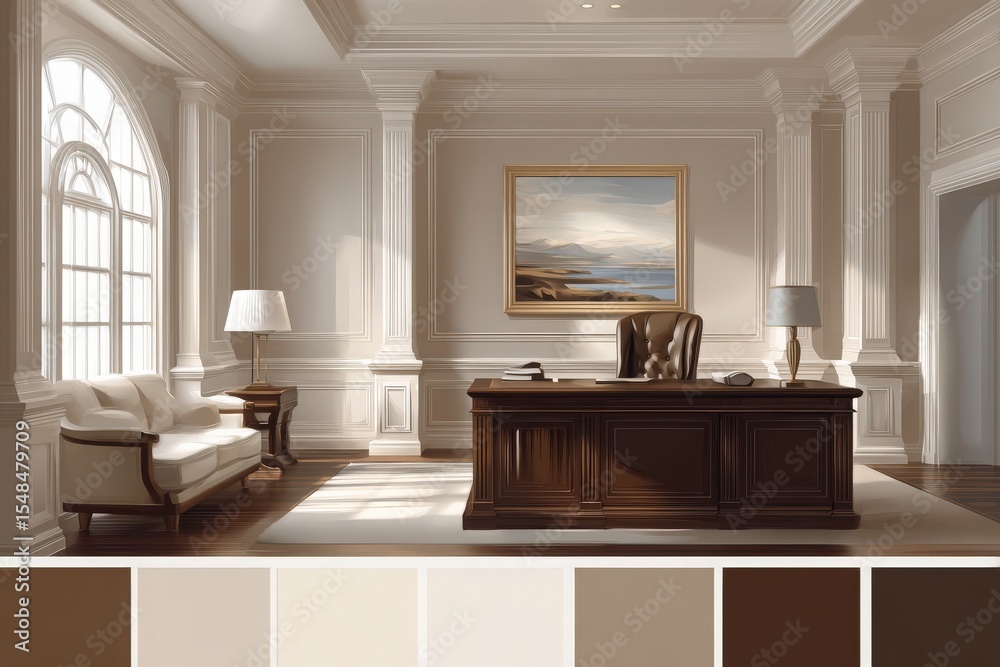 A sophisticated office space features a dark wooden desk and a comfortable sofa. Soft lighting streams through large windows, illuminating neutral tones and elegant decor that enhances the ambiance.