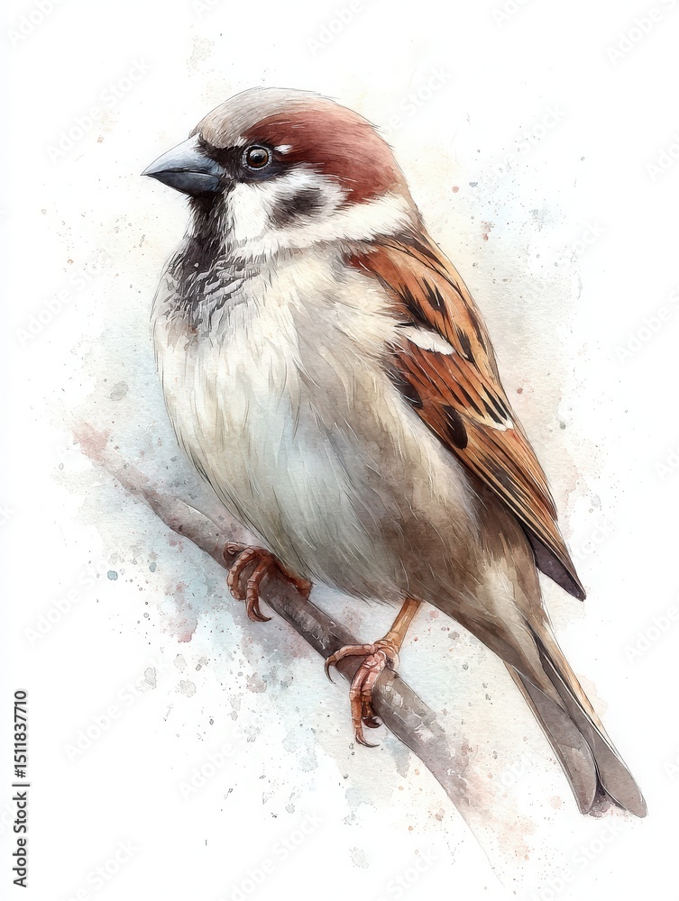 A sparrow is perched on a slender branch, displaying beautiful watercolor details and soft colors. The bird has a brown and gray plumage, with its sharp features highlighted.