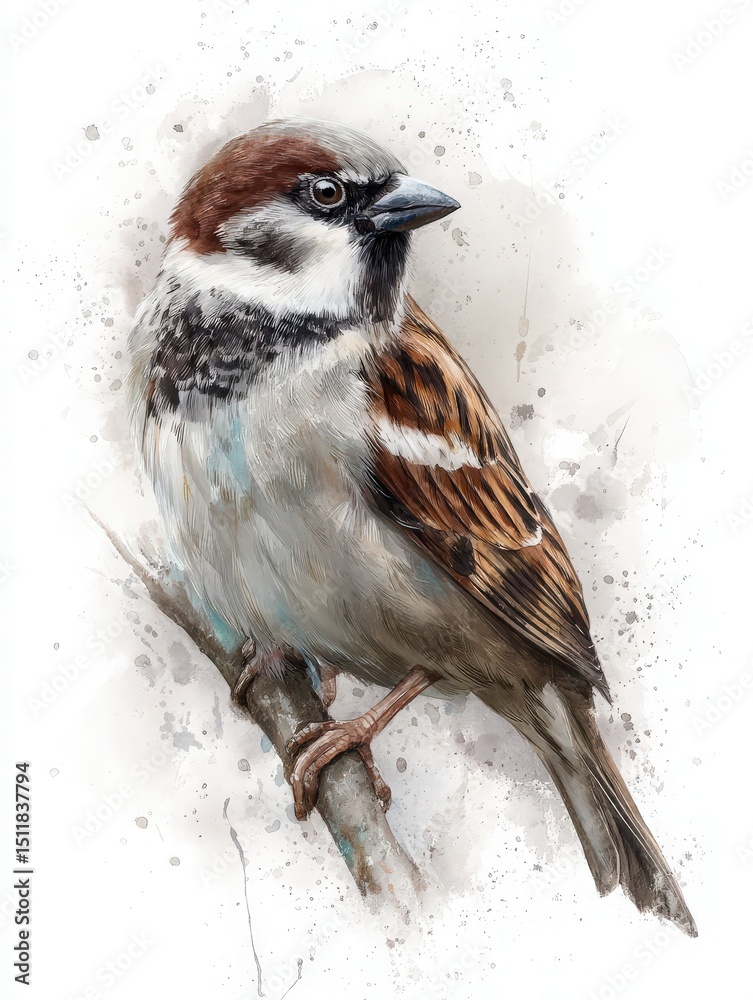 A sparrow is perched on a slender branch, displaying intricate details in its feathers.