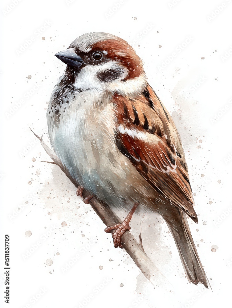A sparrow sits delicately on a slender branch, highlighting its earthy brown and gray feathers. The soft watercolor background enhances the charm of this small bird in a serene habitat.