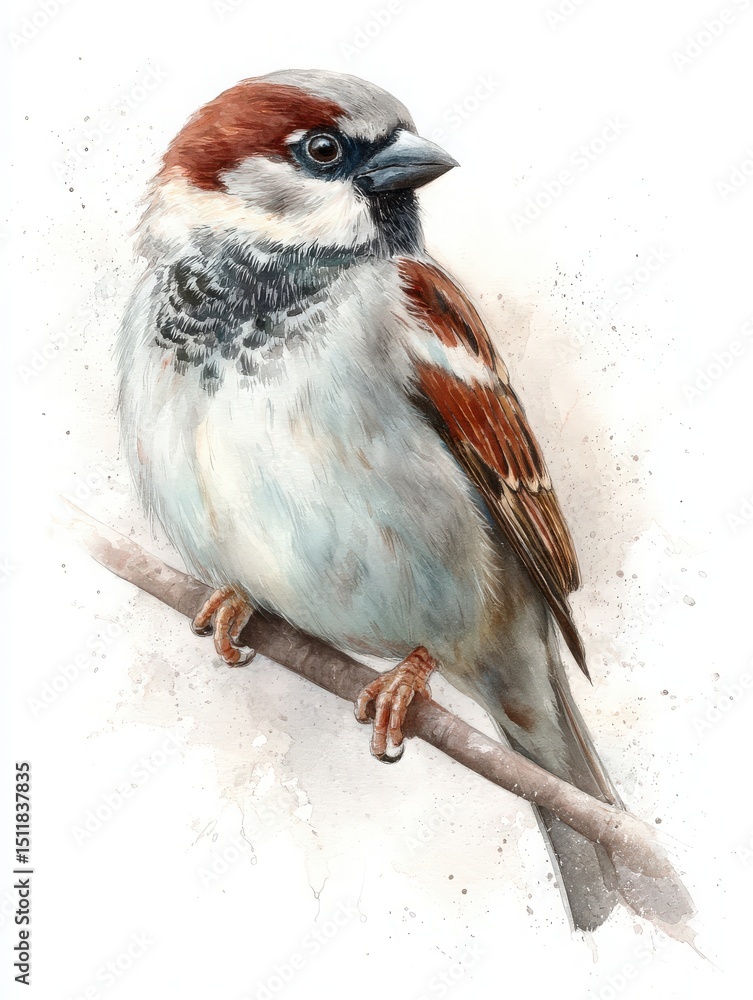 A sparrow sits gracefully on a branch, showcasing its distinctive brown and gray plumage. The gentle watercolor background highlights its features, creating a serene atmosphere.