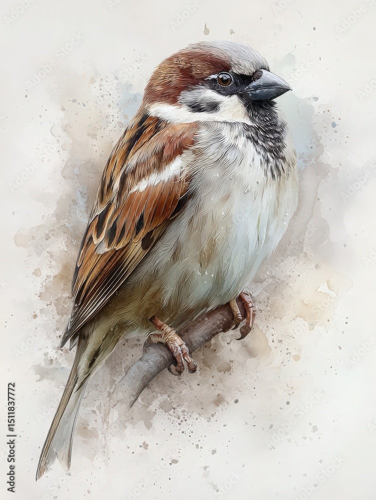 A sparrow sits gracefully on a branch, showcasing its intricate feather patterns and vibrant colors. The soft background enhances the birds features, creating an artistic effect.