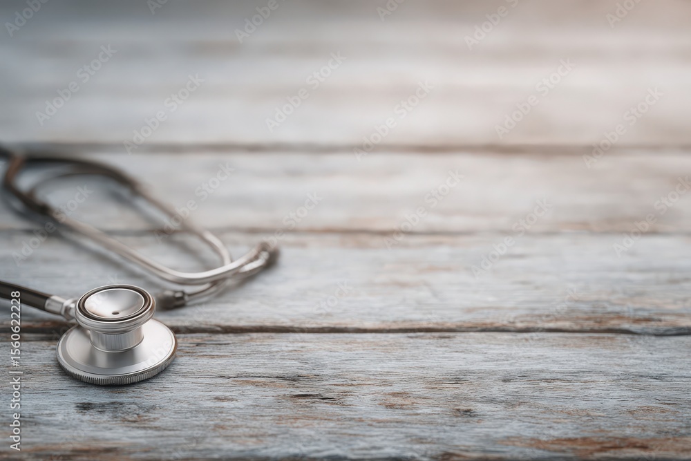 A stethoscope lies on a rustic wooden surface, reflecting natural light. The focus is on the instrument, suggesting a nearby medical practice or health-related activity.