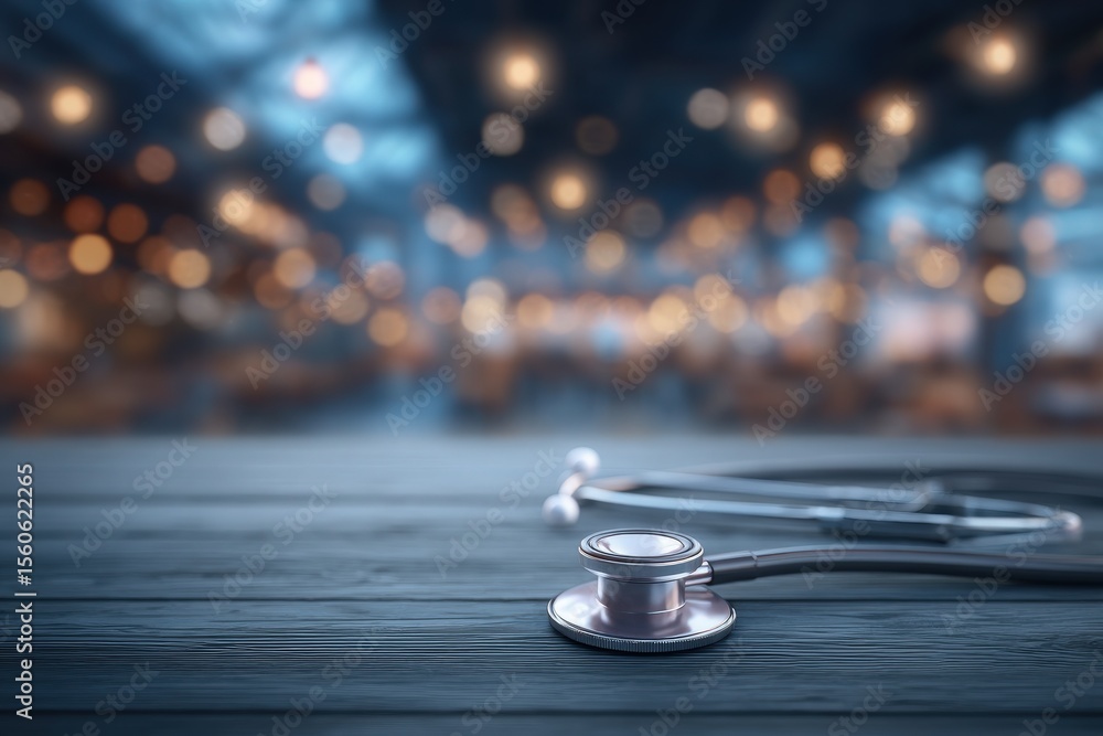 A stethoscope lies on a wooden table, showcasing its shiny surface against a blurred background with warm lighting. The ambiance suggests a quiet, professional healthcare setting.