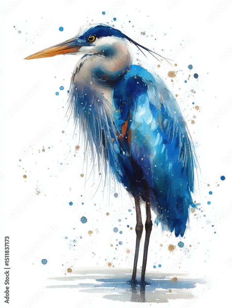 A striking blue heron is depicted in a dynamic watercolor style. Its feathers are highlighted in shades of blue, surrounded by colorful splashes, creating a lively atmosphere.