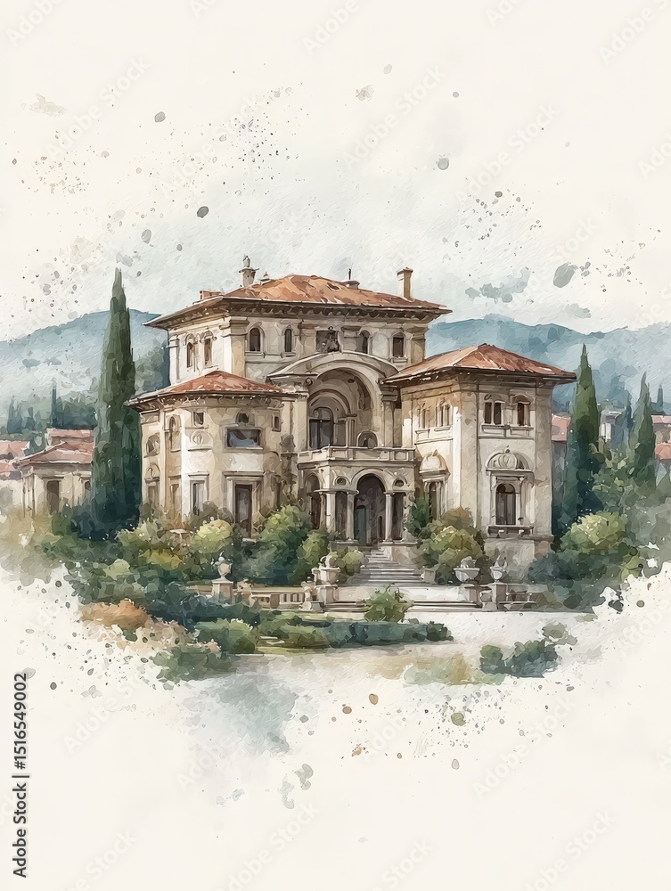 A stunning historic villa stands majestically with ornate architecture. Surrounded by lush greenery and distant mountains, this serene location evokes a sense of peace and beauty.