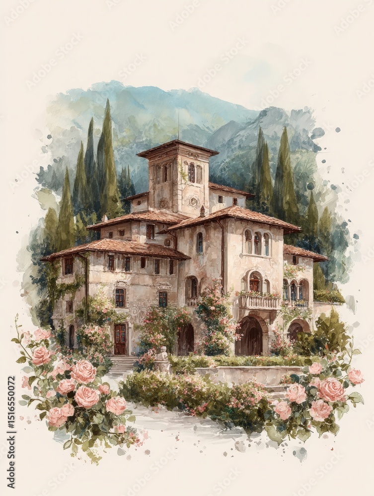 A stunning villa adorned with blooming roses is set against a backdrop of majestic mountains. The architecture features classic design elements and vibrant greenery enhancing the beauty of the scene.