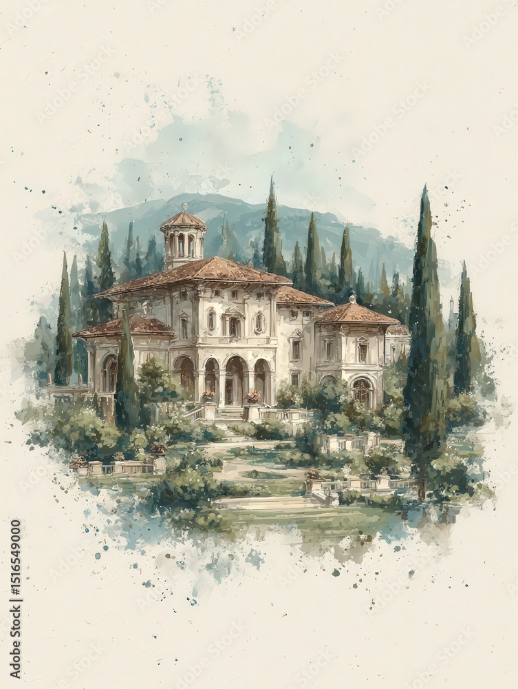 A stunning villa is set amidst lush greenery and tall cypress trees, creating a peaceful atmosphere. Majestic mountains rise softly in the background, enhancing the idyllic scenery.