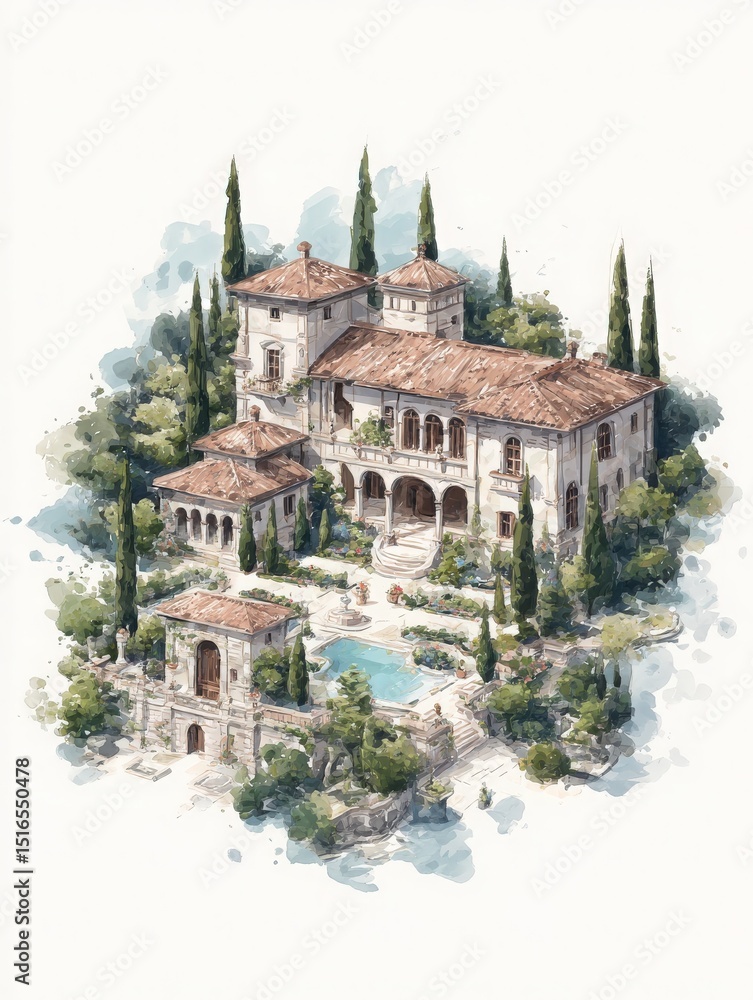 A stunning villa stands amidst tall cypress trees and vibrant greenery. The architectural elegance features multiple levels, balconies, and a charming pool area. The setting is peaceful and inviting.