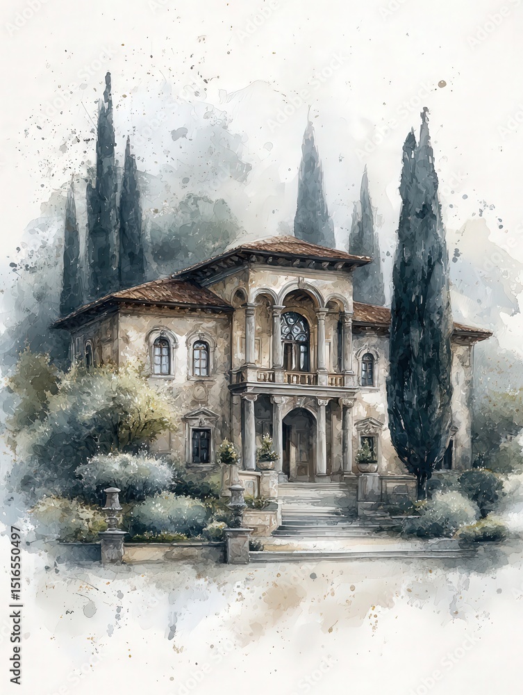 A stunning villa stands majestically among tall cypress trees, featuring classic architecture with ornate details.