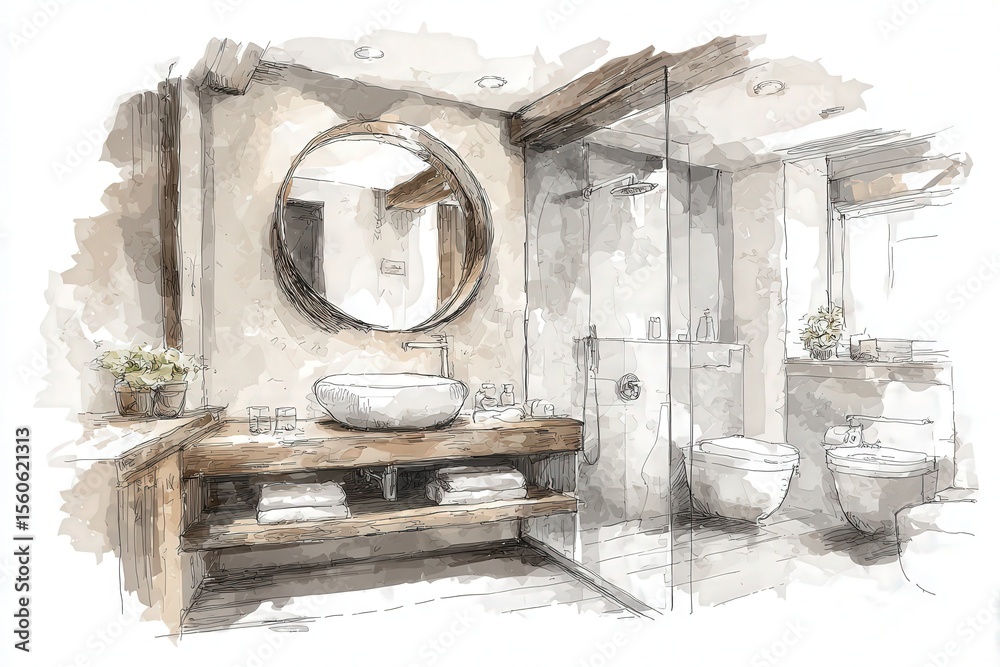 A stylish bathroom showcases a round mirror above a wooden sink unit with elegant toiletries. A glass shower and modern toilet enhance the minimalist aesthetic, creating a serene atmosphere.