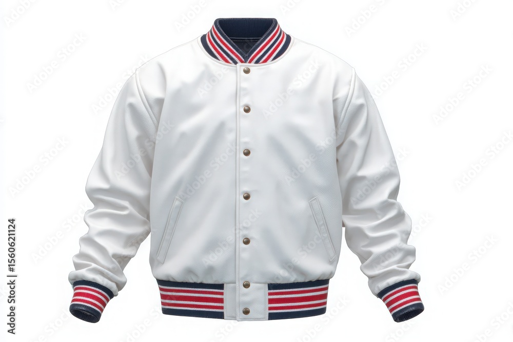 A stylish white varsity jacket is showcased with a contrasting striped collar and cuffs, featuring metal buttons down the front. The jacket radiates a sporty vibe, perfect for casual wear.