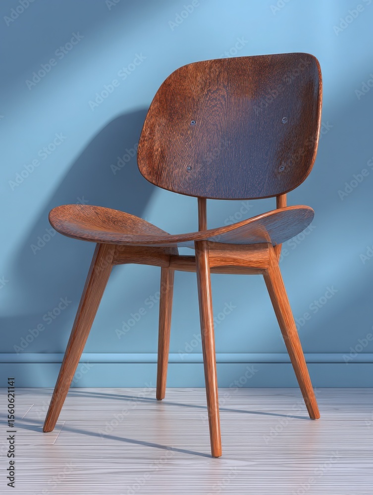 A stylish wooden chair highlights its graceful design, showcasing smooth curves and tapered legs. The light blue wall complements the warm tones of the chair, creating a modern atmosphere.