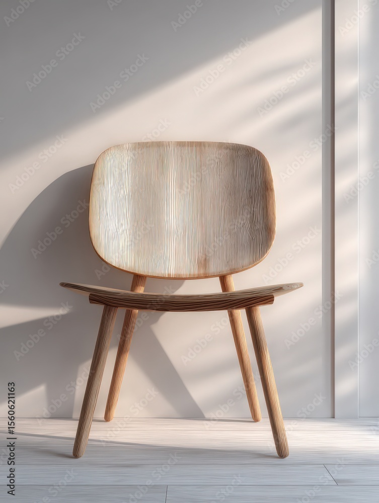 A stylish wooden chair with an organic design stands against a softly lit wall. The minimalist setting highlights its unique shape and texture, creating a serene atmosphere in the space.