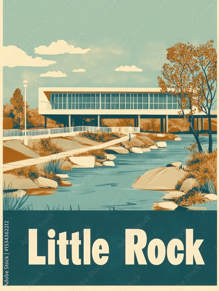 A stylized depiction of Little Rock showcases modern architecture near a calm river surrounded by autumn foliage. The scene captures a peaceful atmosphere with soft colors and scenic beauty.