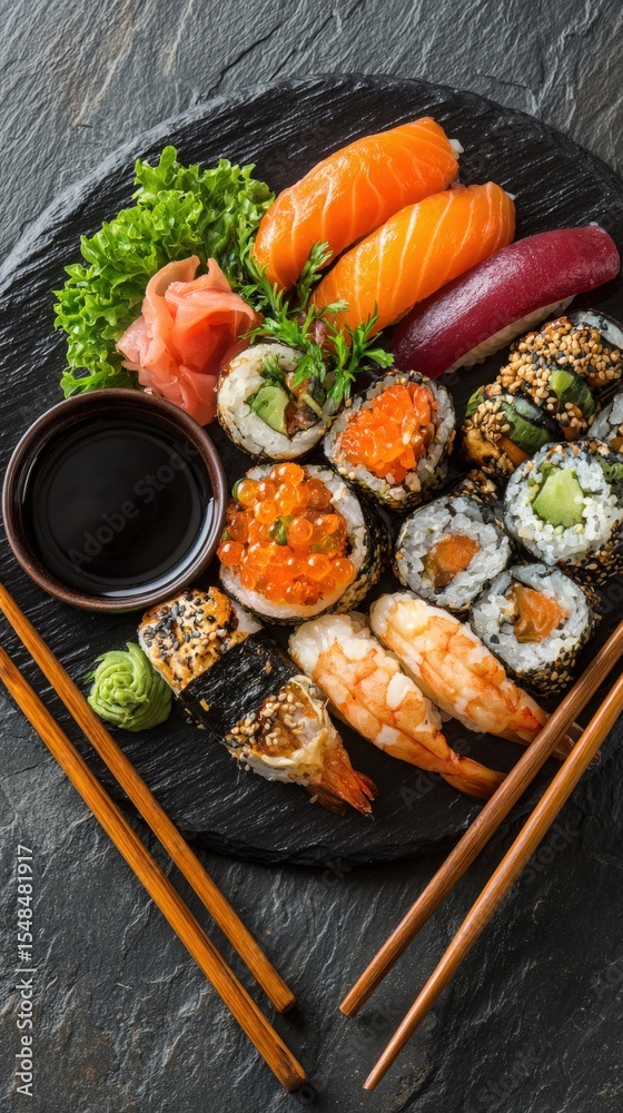 A sushi platter showcases an assortment of colorful rolls and sashimi including salmon and tuna, accompanied by wasabi, ginger, and soy sauce, arranged artfully on a black slate surface.