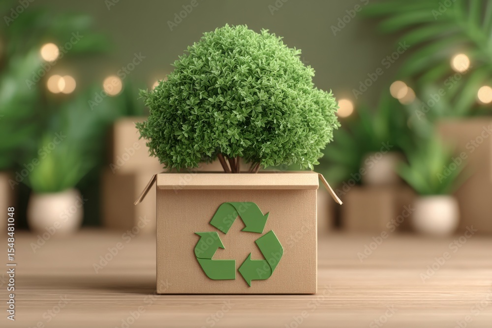 A thriving green tree is emerging from a cardboard box adorned with a recycling symbol. The background features soft greenery and warm lighting, emphasizing an eco-friendly theme.