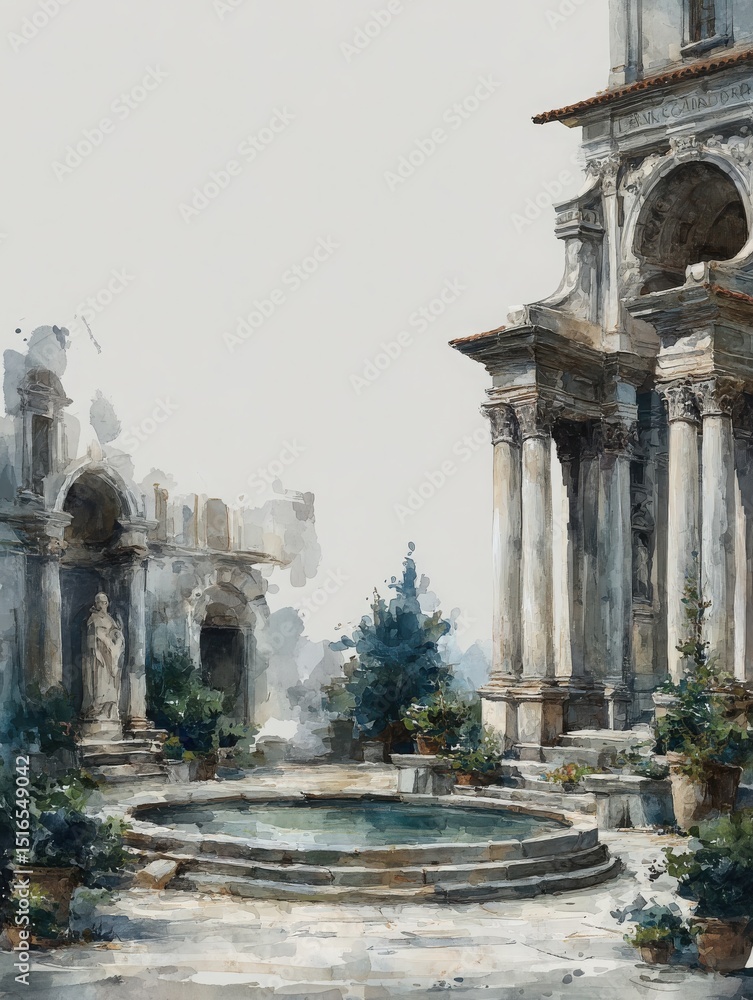 A tranquil courtyard features elegant columns and classical architecture. Potted plants add greenery, while a small fountain enhances the serene atmosphere, evoking a sense of history and beauty.