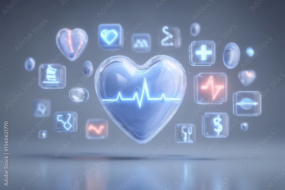 A translucent heart shape contains a heartbeat line and is surrounded by various health-related icons. The background is muted, emphasizing the digital representation of health technology.