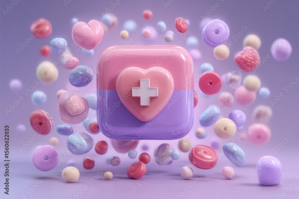 A vibrant arrangement of various shapes and colors symbolizes health and wellness. Floating heart and cross icons blend with pastel spheres in a digitally rendered environment.