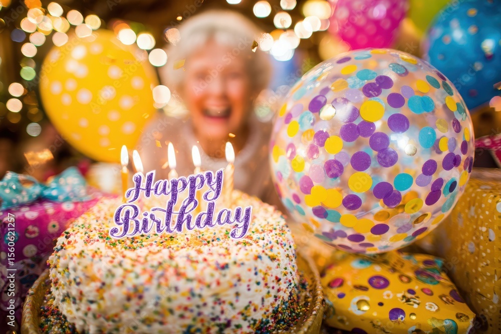 A vibrant birthday celebration features a decorated cake with candles, colorful balloons, and wrapped gifts. A cheerful person adds to the festive atmosphere, surrounded by twinkling lights.