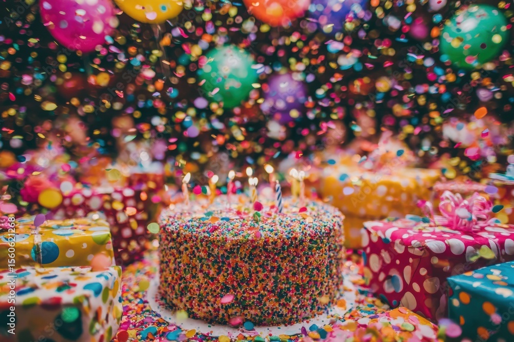 A vibrant birthday party features a beautifully decorated cake adorned with sprinkles and candles. Colorful balloons and confetti fill the air, while gift boxes with bright patterns surround the cake.