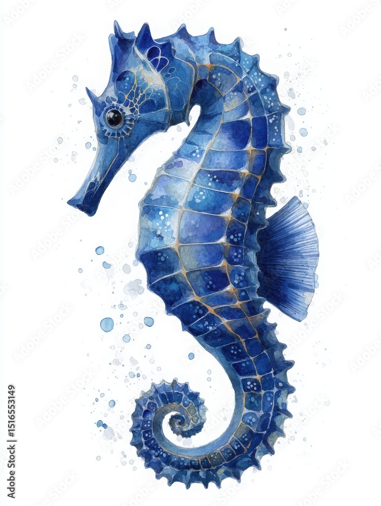 A vibrant blue seahorse is illustrated against a white background, showcasing detailed patterns on its body. The aquatic creature curls its tail, surrounded by light splashes of water.