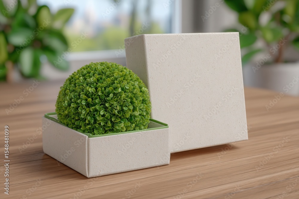 A vibrant green decorative sphere sits in a square, minimalist box on a wooden table. Soft natural light highlights the texture and details of the decor.